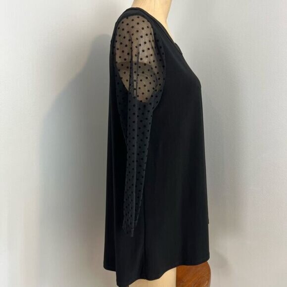 Vintage Anne Klein Women’s Medium Black Sheer Sleeves Blouse Top Shirt Polka - Picture 6 of 13